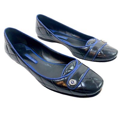 Giorgio Armani Women's 7 Ballet Quilted Leather Flats Loafer Black Blue AG Logo