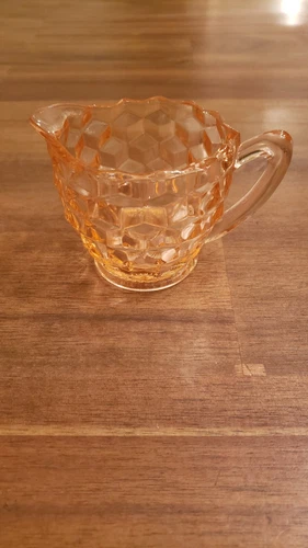Vintage Jeannette Glass Creamer Pink Cube Cubist Pattern Depression Era 1929-33
