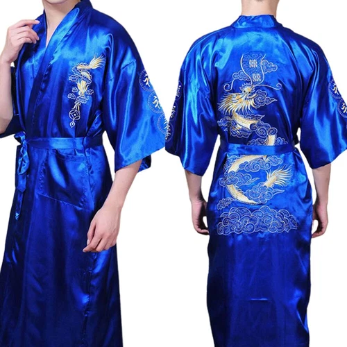 Men Satin Chinese Dragon Kimono-Silk Bathrobe Pajamas Sleepwear Gown Bath Robe - Imagen 47 de 52