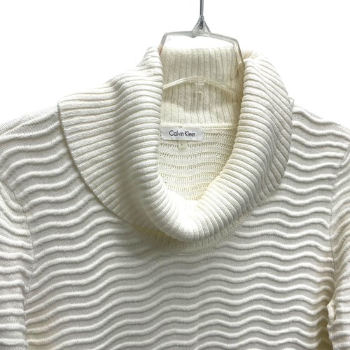 L CALVIN KLEIN Buckle Cowl Neck Knit Sweater Tunic Long ivory cream cable new - Picture 2 of 11