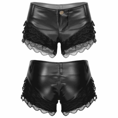 PU Leather Booty Shorts Lace Low Rise 