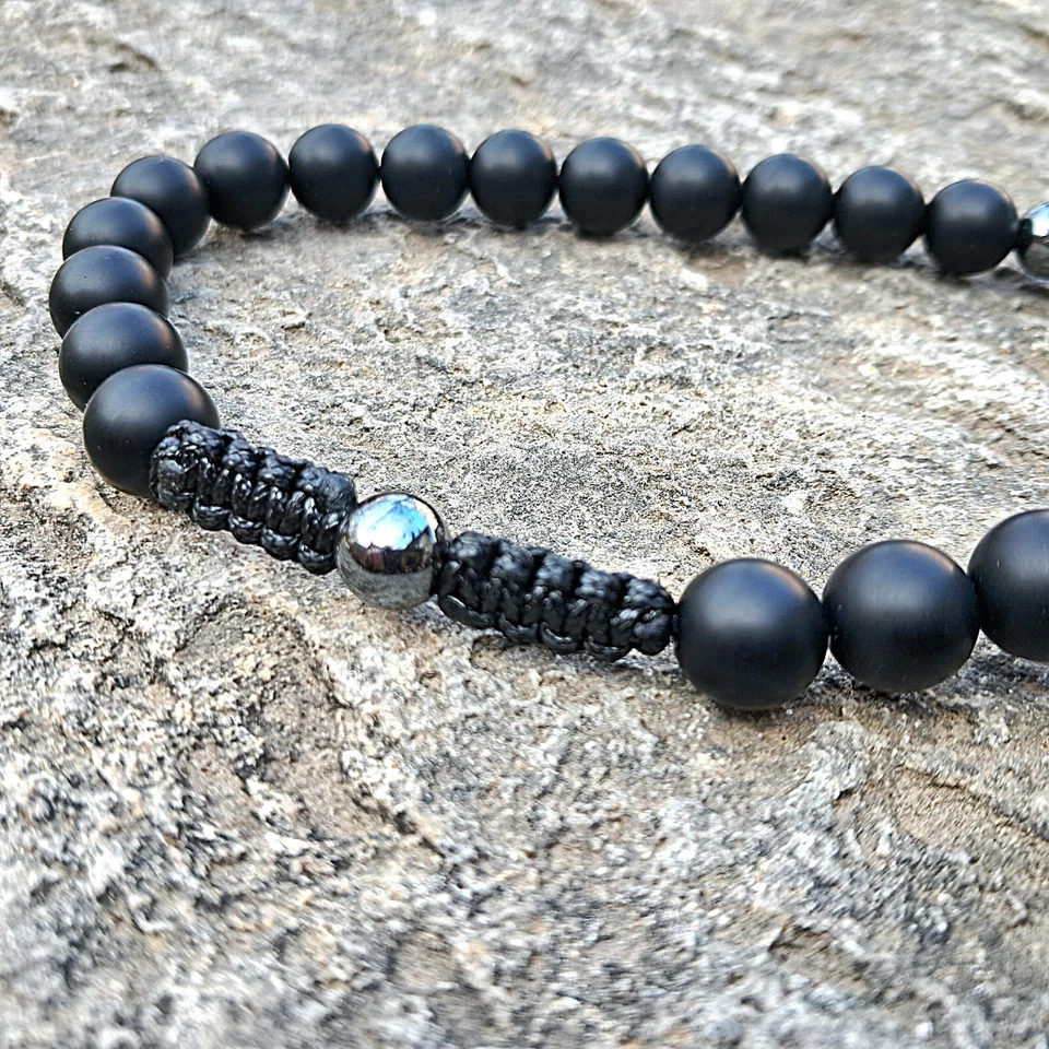 Herren Halskette Onyx Ring Verschluss Männer Schwarz Perlenkette Onyxkette - Bild 3 von 4