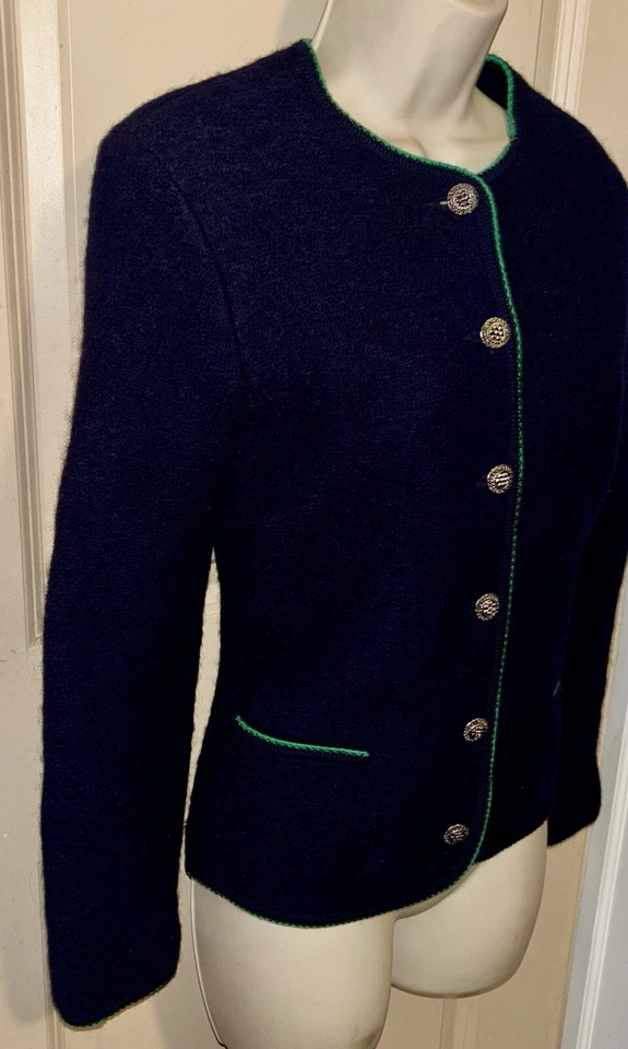 GEIGER Austrian Heavy Wool Jacket Cardigan Gorgeous Navy With Green Trim 38 8 - Image 3 of 4