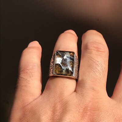 Sericho Pallasite Meteorite Ring 925 Silver Frame Rectangle Activity