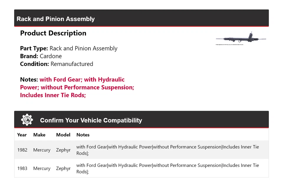 Montaje de piñón y estante Mercury Zephyr 1982-1983 cartón Foto 2 de 4