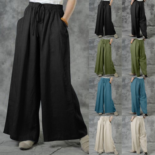 Plus Size Womens Cotton Linen Harem Pants Wide Leg Baggy Casual Trousers Palazzo