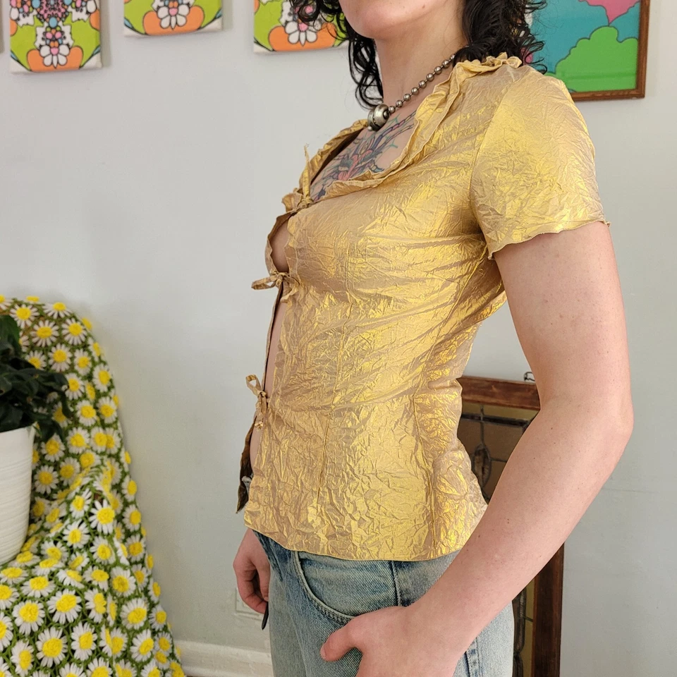 Vtg 60/70s Gold Lamè Crinkle Triple Tie Open Blouse Sexy Glam Holiday Party Sm. - Image 2 of 4