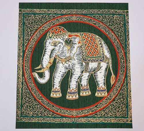 Green Thai Silk White Elephant Art Poster Printing Painting Asian Home Decor - Picture 2 of 5