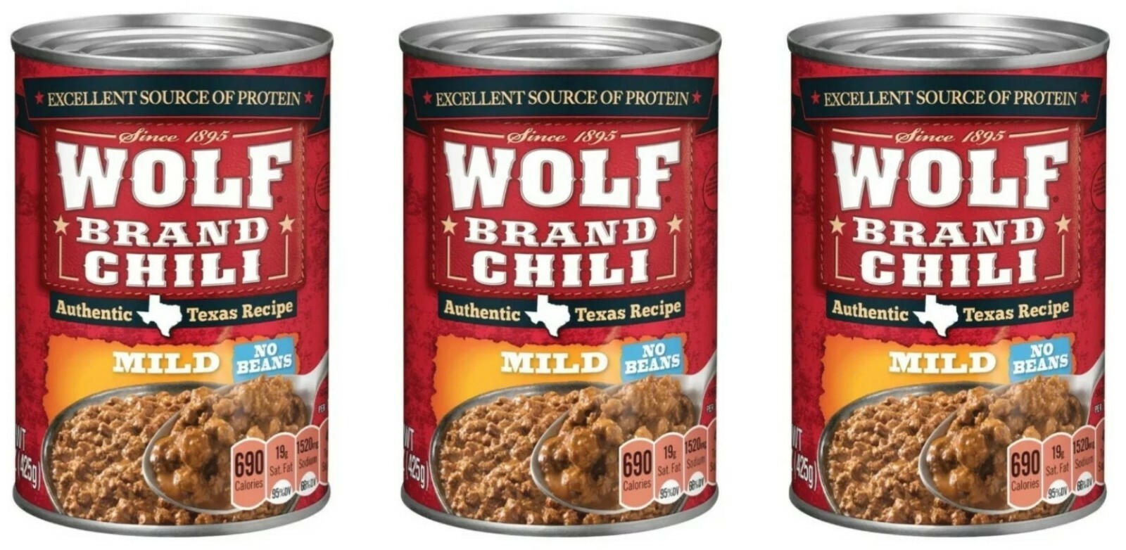 Pick 3 Wolf Brand Chili Cans Mild No Beans, No Beans or With Beans