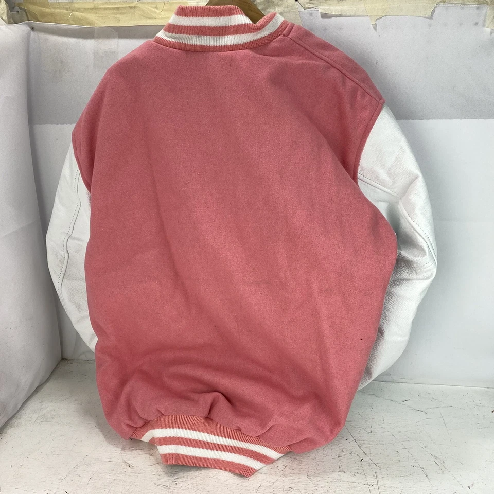 Chaqueta Bomber Universitaria Stewart & Strauss Rosa Lana Cuero Blanco Letterman. 2XL Foto 2 de 4