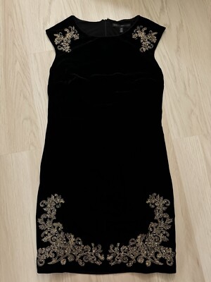 WHITE HOUSE BLACK MARKET Black Velvet Embroidered Shift Dress Gold Bead  VELOUR | eBay