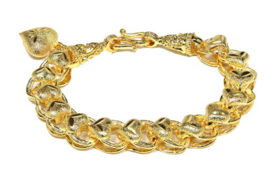LOVELY Heart Link & Charm 6 3/4'' Baht Bracelet 22K 24K Gold GP Thai Handmade GT7