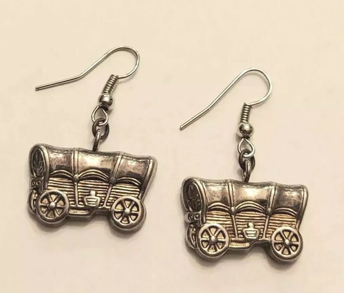 Vintage Pewter Tone Covered Wagon Prairie Schooner Small Oklahoma Drop Earrings