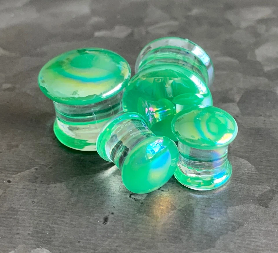 PAIR Pearl Green Design Pyrex Glass Double Flare Plugs Gauges Body Jewelry  - Image 2 of 4