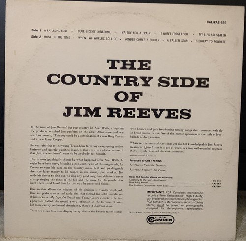 Jim Reeves - The Country Side Of Jim Reeves 1962 LP Vinyl - RCA Camden CAS-686* - Imagen 2 de 2