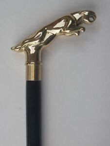 Solid Brass Jagaur Head Handle Vintage Antqiue Wooden Walking Stick Cane Gift