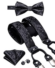 Suspender and Bow Tie for Men Paisley Solid Mens Suit Braces Pretied Black