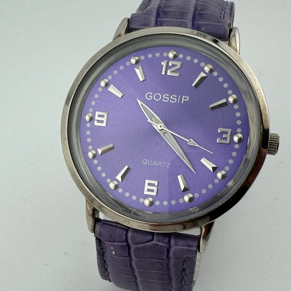 Gossip Quartz Watch Men Silver Purple Leather Band Japan Movt Analog New Battery - Image 2 of 4
