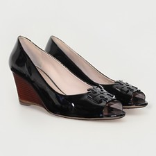 Tory Burch Lowell Black Patent Leather Peep Toe Wedge Heels Womens Sz 9 M Pumps