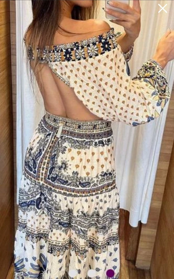 Farm Rio Midi Dress Butterfly Tapestry Boho M AU 10/12 Off Shoulder Open Back - image 2 of 4