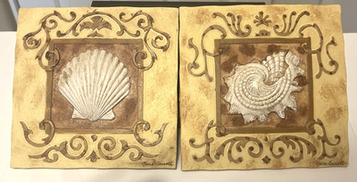 Artist 3D Ceramic Wall Tile Plaques With Shell Signed Jane Carrol1 Set of 2