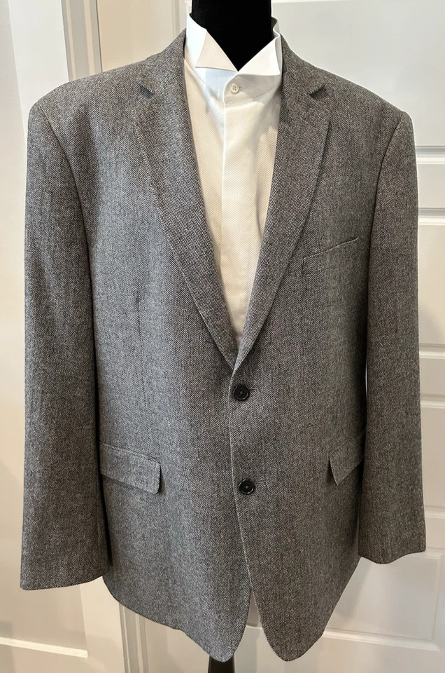 Adolfo Herringbone Sport Coat Blazer Men 46 R Black White Lambswool 2 Button - Image 2 of 4