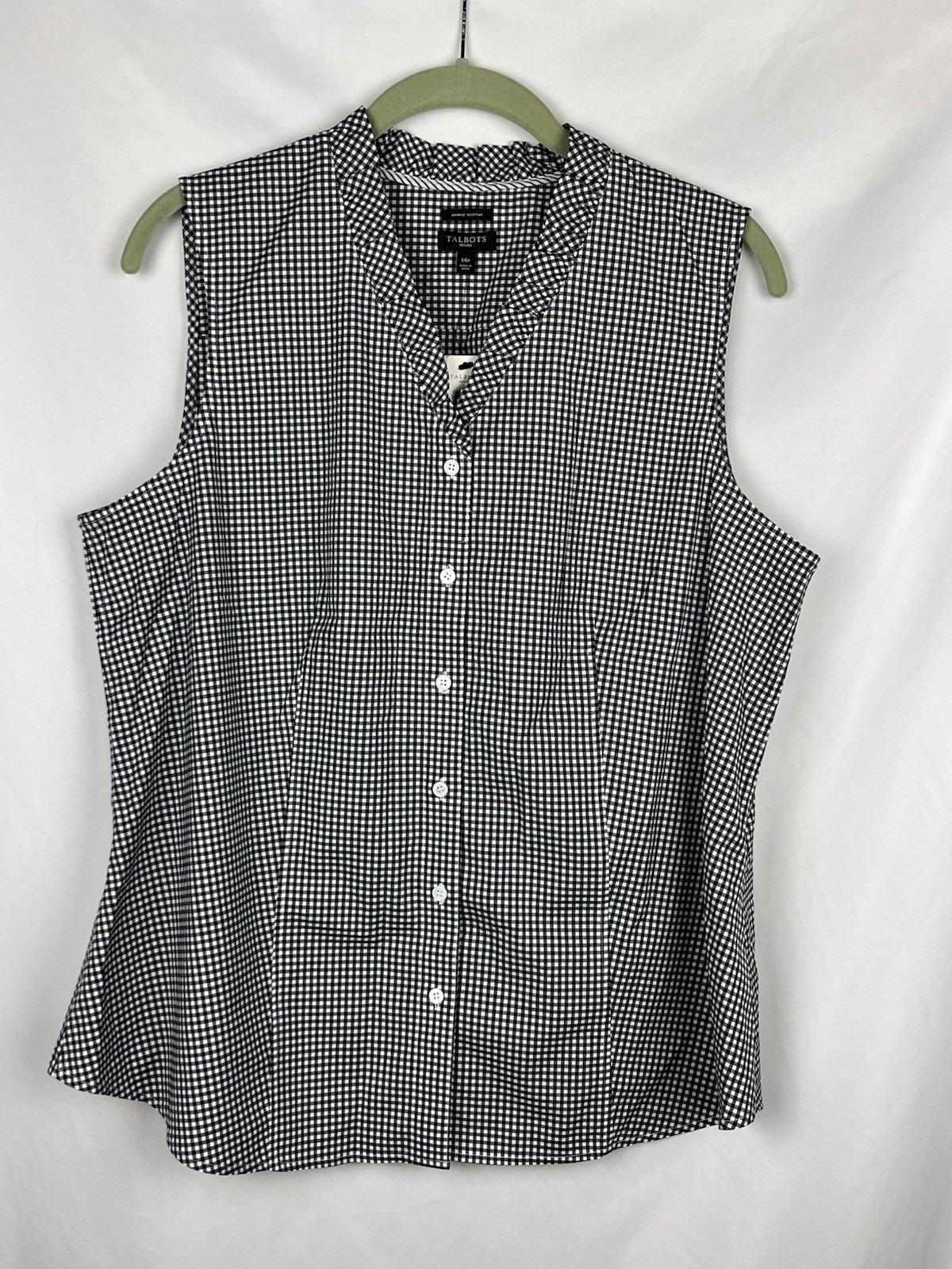 Talbots Petites Gingham Top Sleeveless 14P Black White Wrinkle Resistant NWT