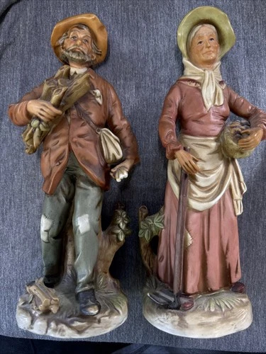 2 Homco Old Man and Woman 10" Figurines Vintage Home Interiors Farmers 8884