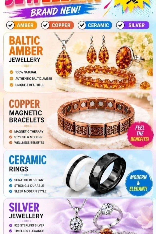 Sterling silver, copper with magnets, ceramic, amber jewellery