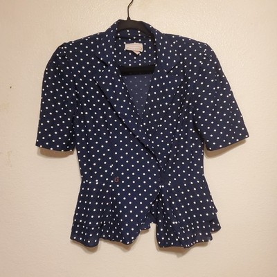 Vintage Amy Deb Navy Polka Dot Peplum Blouse USA Retro Size 8