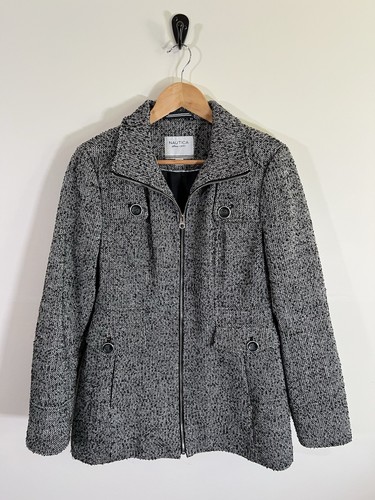 Nautica Womens Medium Black White Zip Coat Peacoat Jacket Pockets Winter