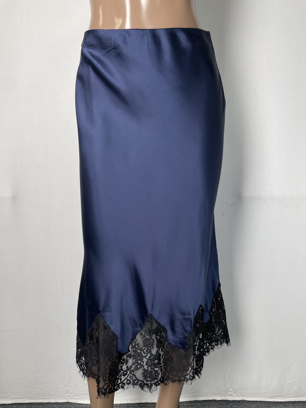 Reformation Womens Midi Skirt Navy Blue/Black Size S Carolina Silk Lace Hem