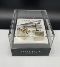 Perry Ellis Portfolio Men's Two-Tone Tie Bar & Cufflink Set ~ NEW MSRP: $45.00