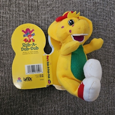 #ad #ad BJs Rub A Dub Dub Board Book And Plush 1998 90s Barney BJ Yellow Dinosaur VTG $11.99