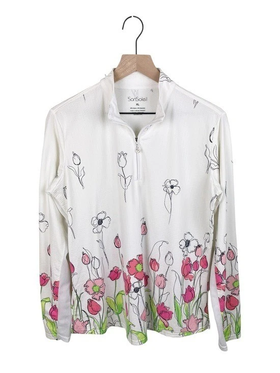 SanSoleil Women's Long Sleeve Quarter Zip Pullover Top Size XL White Pink Floral