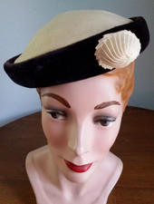 VTG BERET PILLBOX HAT 1930s 40s. 4 SEASON PIQUE,  SILK VELVET Purple Navy White
