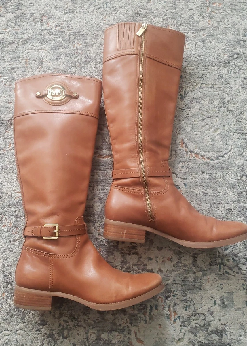 MICHAEL KORS STOCKARD LEATHER TALL RIDING BOOT SIZE 7.5 M LUGGAGE COLOR