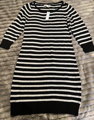 OLD NAVY WOMEN SWEATER DRESS STRIPES BLACK GRAY STRETCH SIZE MEDIUM NEW  WITH TAG