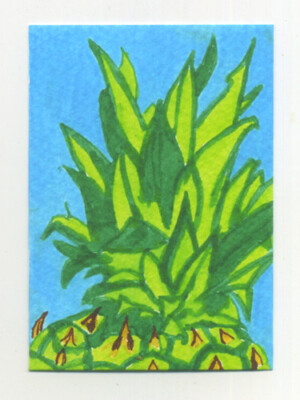 Original signierter ACEO von Lucy Smith. 'Ananas' Stillleben, Lebensmittel, Früchte, Blätter