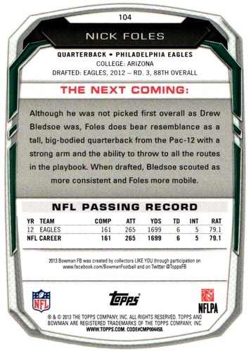2013 Bowman - Nick Foles #104 - Picture 2 of 2