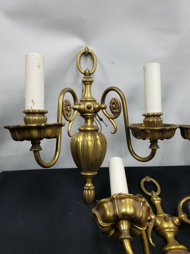 ANTIQUE SET OF 3 GILT BRONZE BRASS FRENCH WALL SCONCES 2 LIGHT - Picture 5 of 12