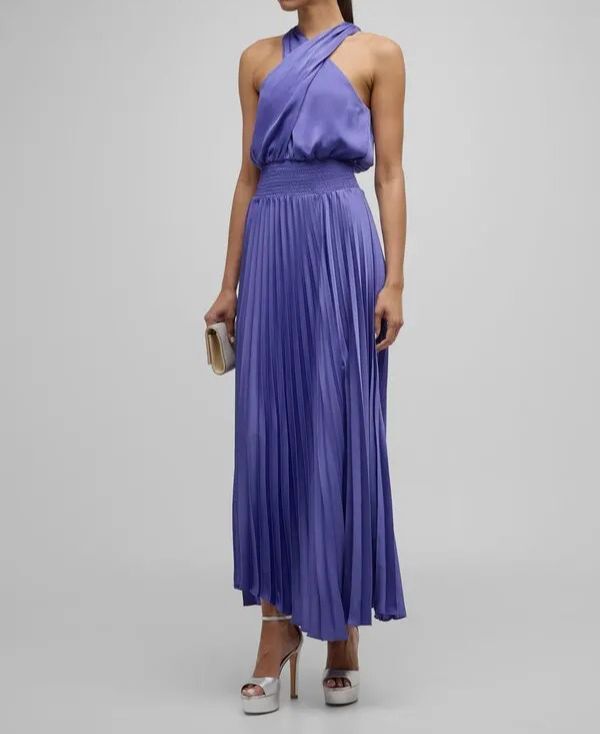 Ramy Brook Arina Pleated Halter Midi Dress, Bright Amethyst, Women's, 4, Cocktail & Party Wedding Guest Dresses Halter Neck Dresses