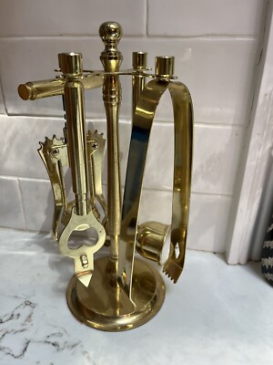 5 Piece Hanging Bar Utensils Gold Tone On Round Stand 9  Tall EUC