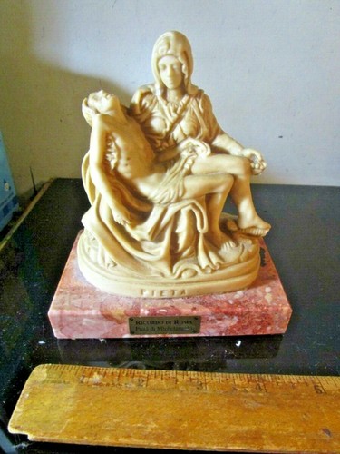 VINTAGE PIETA JESUS MARY SCULPTURE ON BROWN MARBLE BASE BY RICORDO DI ROMA
