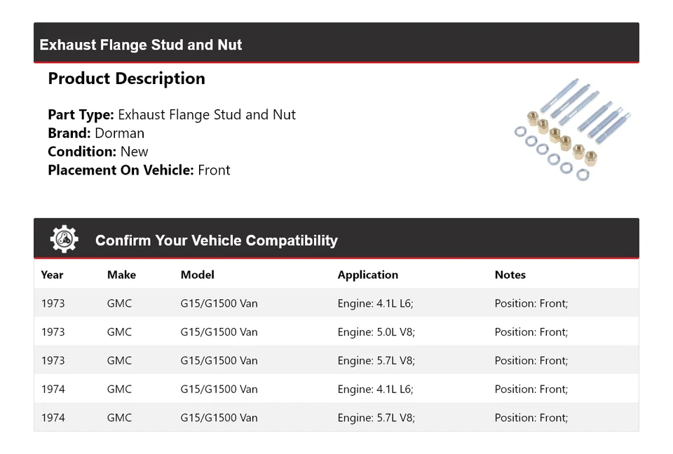 Para GMC G15/G1500 1973-1974 Van Dorman Brida de escape Perno y tuerca delantera Foto 2 de 4