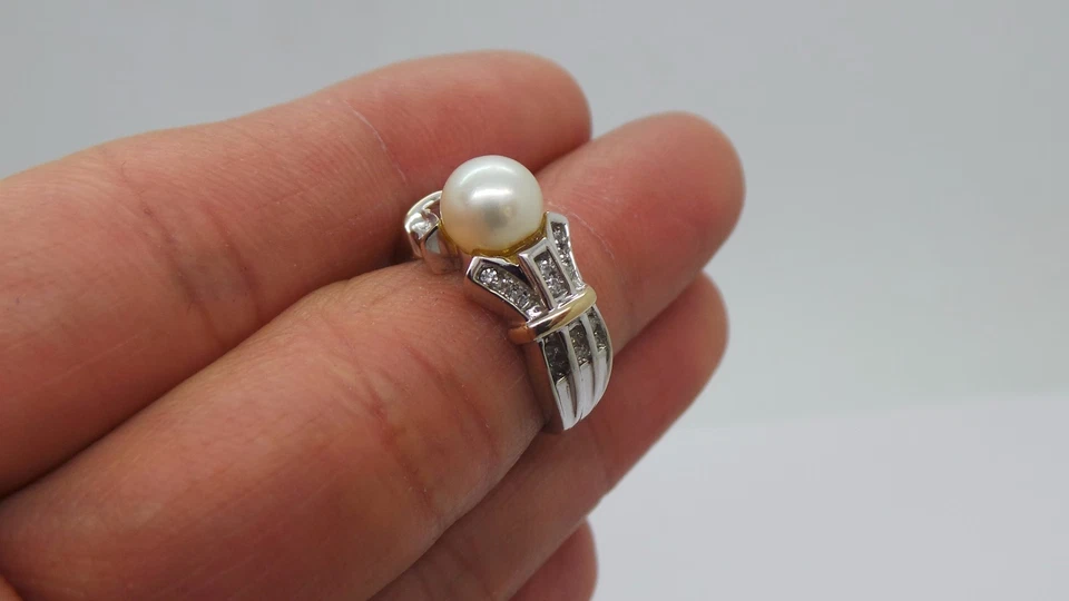 STUNNING 14K 2TONE LADIES PEARL & DIAMOND CLUSTER RING SZ 6 G108645-2 6.16grams - Image 4 of 4