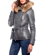 John & Yoko Luxury Designer Grey Leather Fur Coat Jacket 36 38 S 8 10 Nwt £1300