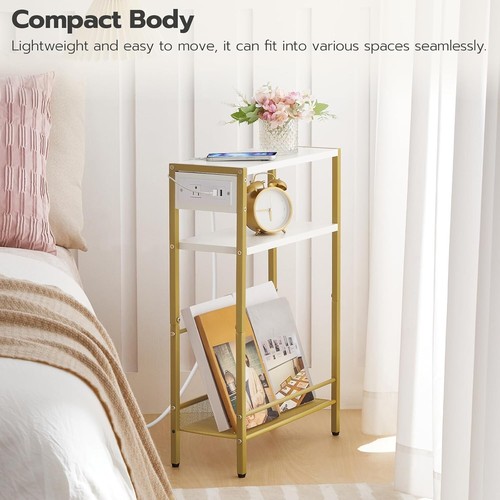 Slim End Table with Charging Ports - Perfect for Small Spaces in White & Gold - Picture 7 of 11