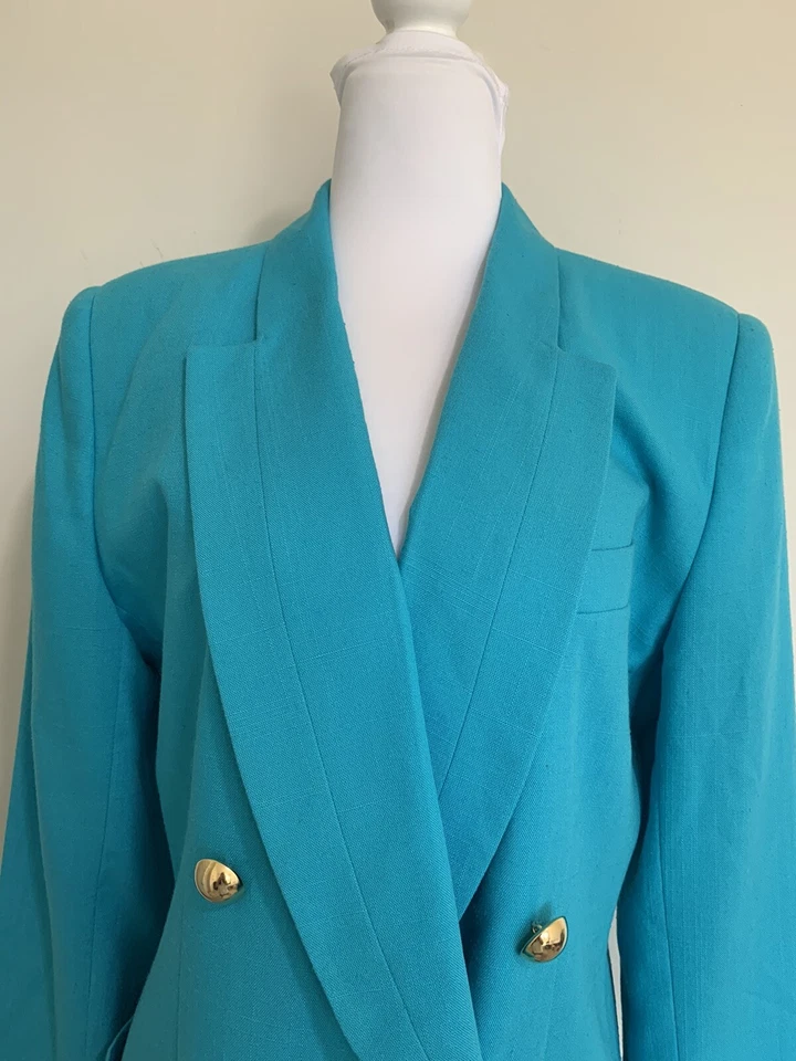Blazer Oleg Cassini Turquesa Azul Dorado Botón Doble Pecho Mujer 10 BNC1 Foto 2 de 4