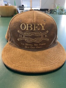 VTG Obey SnapBack Hat Tan Corduroy Skate Surf Thrash Fairey